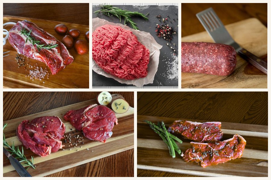 Yak Sampler Package: chuck roast, Ancestral Blend, Steakburger, ribeye, and New York strip